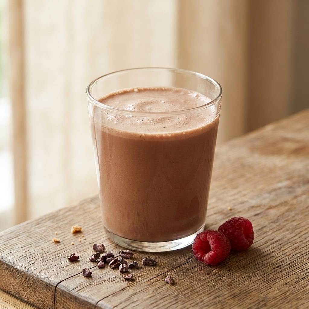 A glass of chocolate WiO Complete Protein Shake on a kitchen table